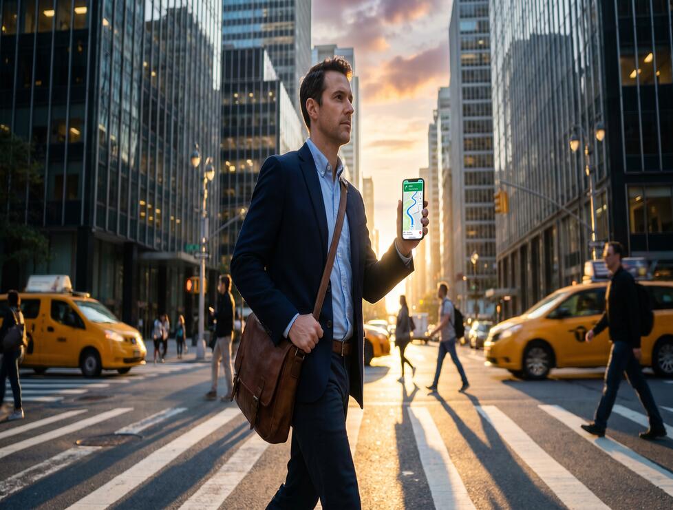 Process server walking through city with GPS